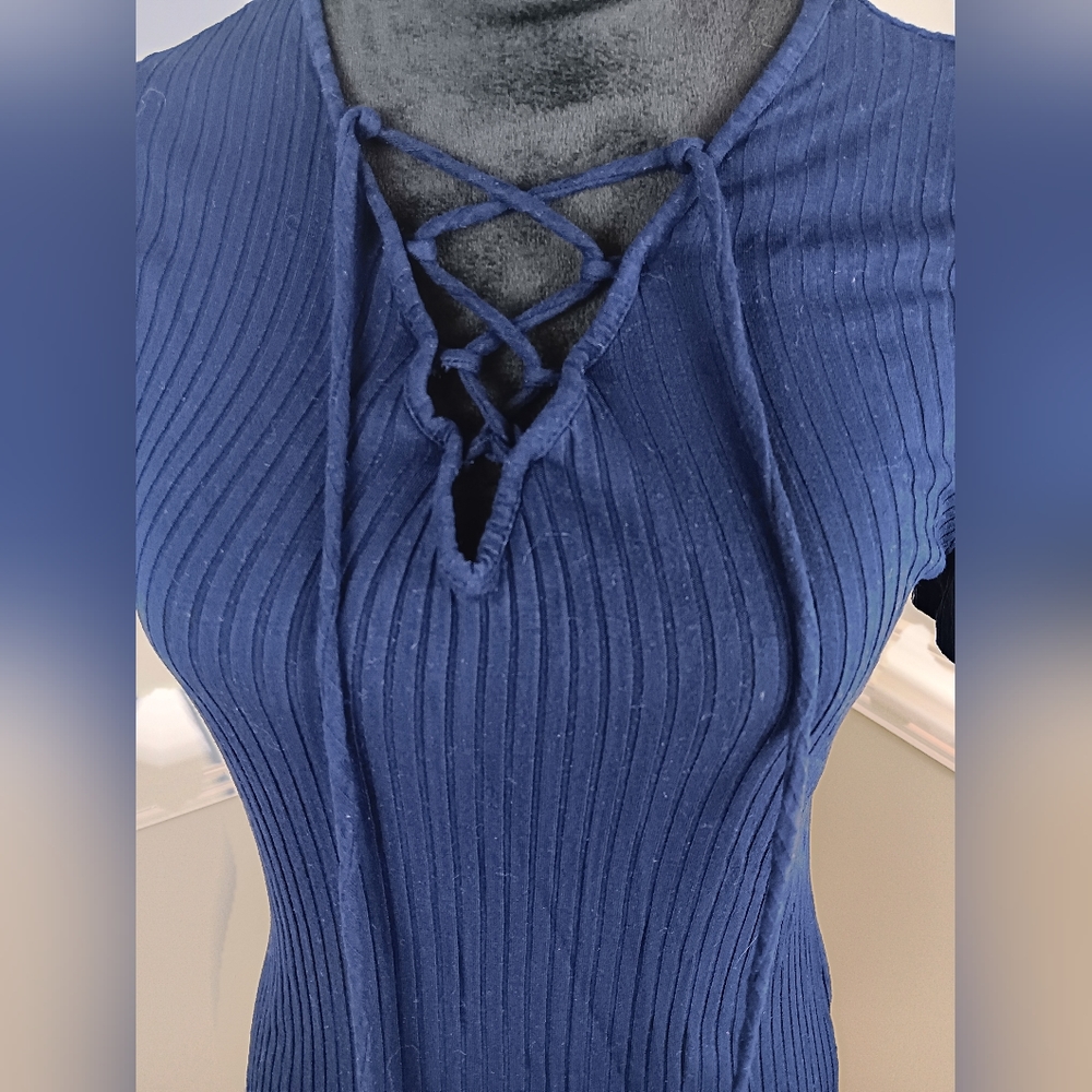 Navy blue, lace up front shirt - Picture 2 of 5